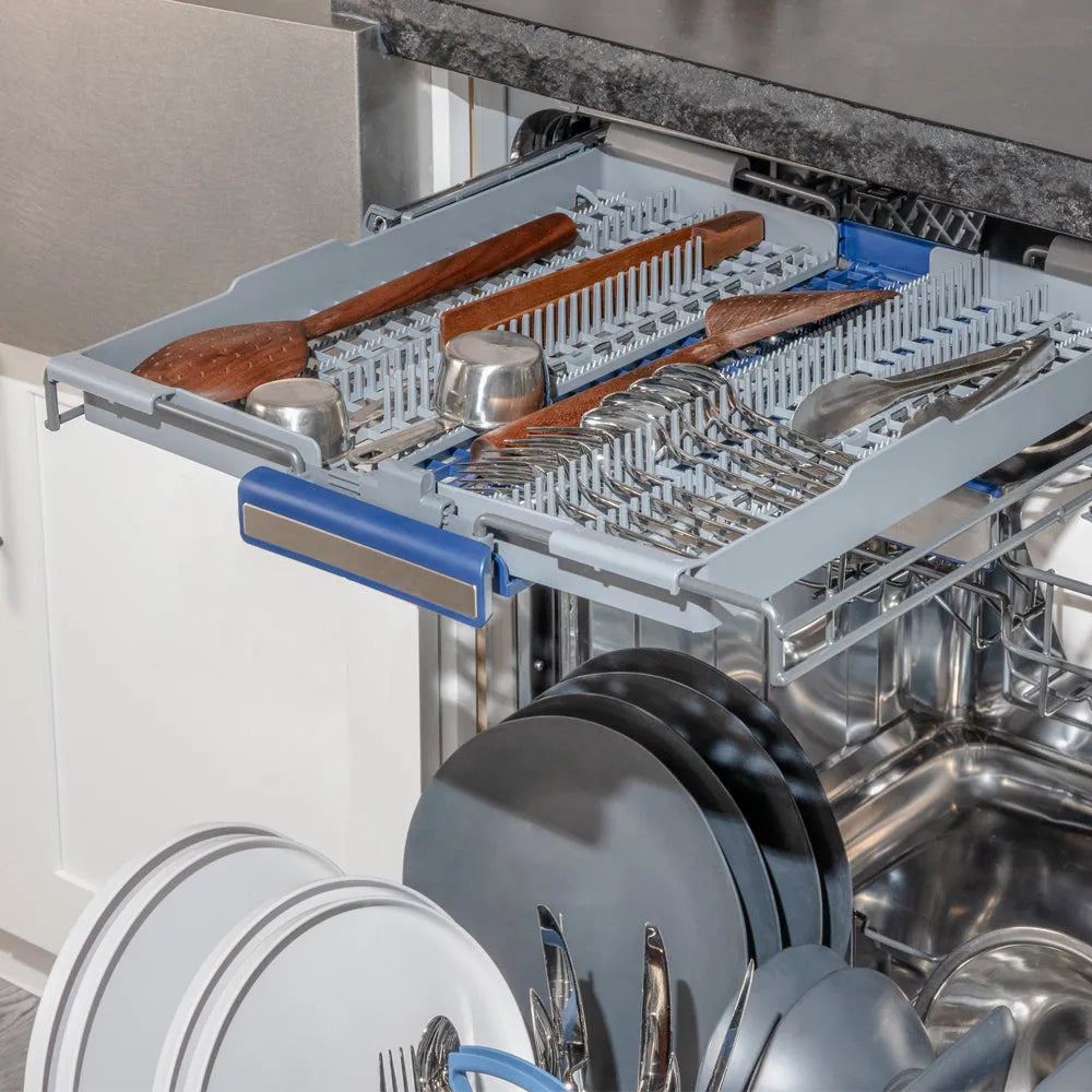 ZLINE 24 in. Tallac Series 3rd Rack Dishwasher with Auto Door Open Drying, 51dBa, Panel Ready (DWV-24) close-up, open with various dishes and utensils inside.
