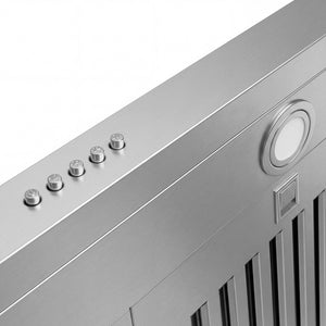 ZLINE 30 in. 300 CFM Ducted Under-Cabinet Range Hood in Stainless Steel, Hardwired Power (617-30) close-up detail, button panel.