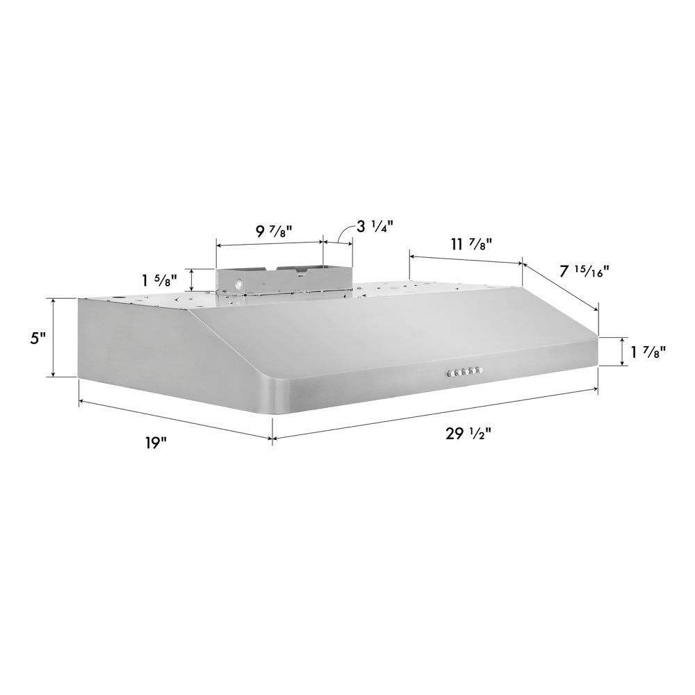 ZLINE 30 in. 300 CFM Ducted Under-Cabinet Range Hood in Stainless Steel, Hardwired Power (617-30) with dimensions labeled.