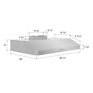 ZLINE 30 in. 300 CFM Ducted Under-Cabinet Range Hood in Stainless Steel, Hardwired Power (617-30) with dimensions labeled.
