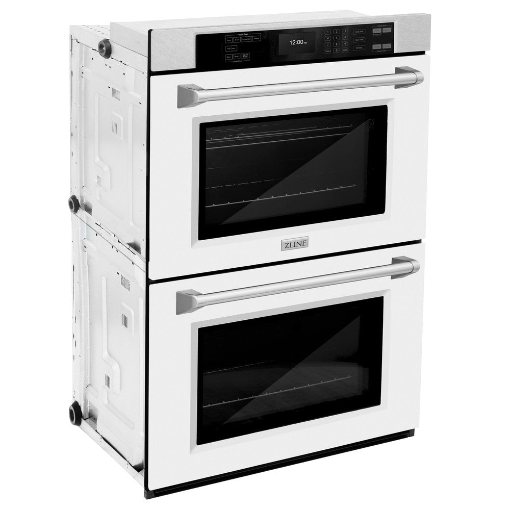 ZLINE 30 in. Professional True Convection Double Wall Oven with Air Fry and Self Clean in DuraSnow® Stainless Steel with White Matte Doors (WADS-WM-30) side.