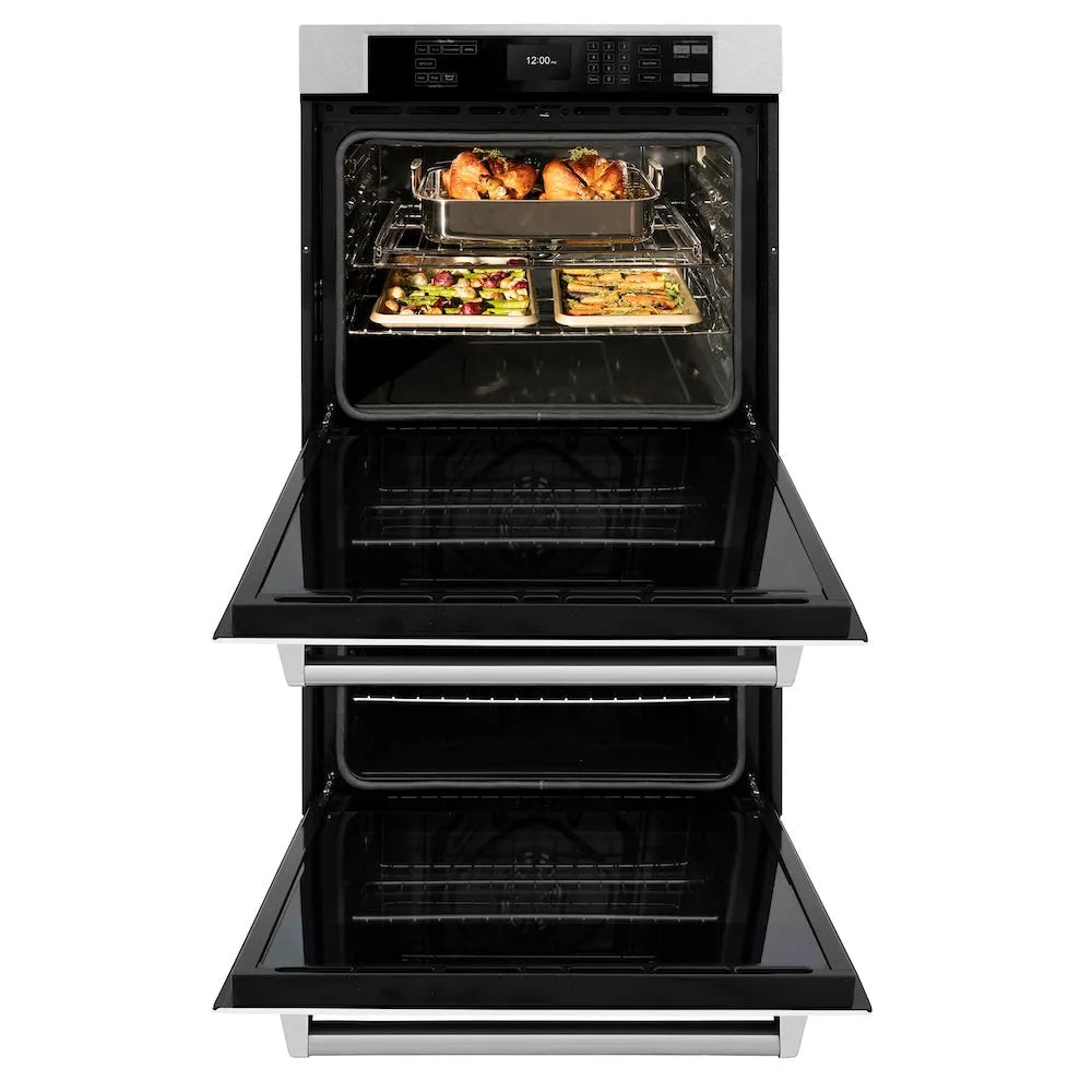 ZLINE 30 in. Professional True Convection Double Wall Oven with Air Fry and Self Clean in Satin Stainless Steel with White Matte Doors (WADS-WM-30) front, open.