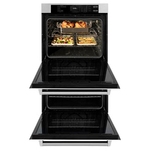 ZLINE 30 in. Professional True Convection Double Wall Oven with Air Fry and Self Clean in Satin Stainless Steel with White Matte Doors (WADS-WM-30) front, open.