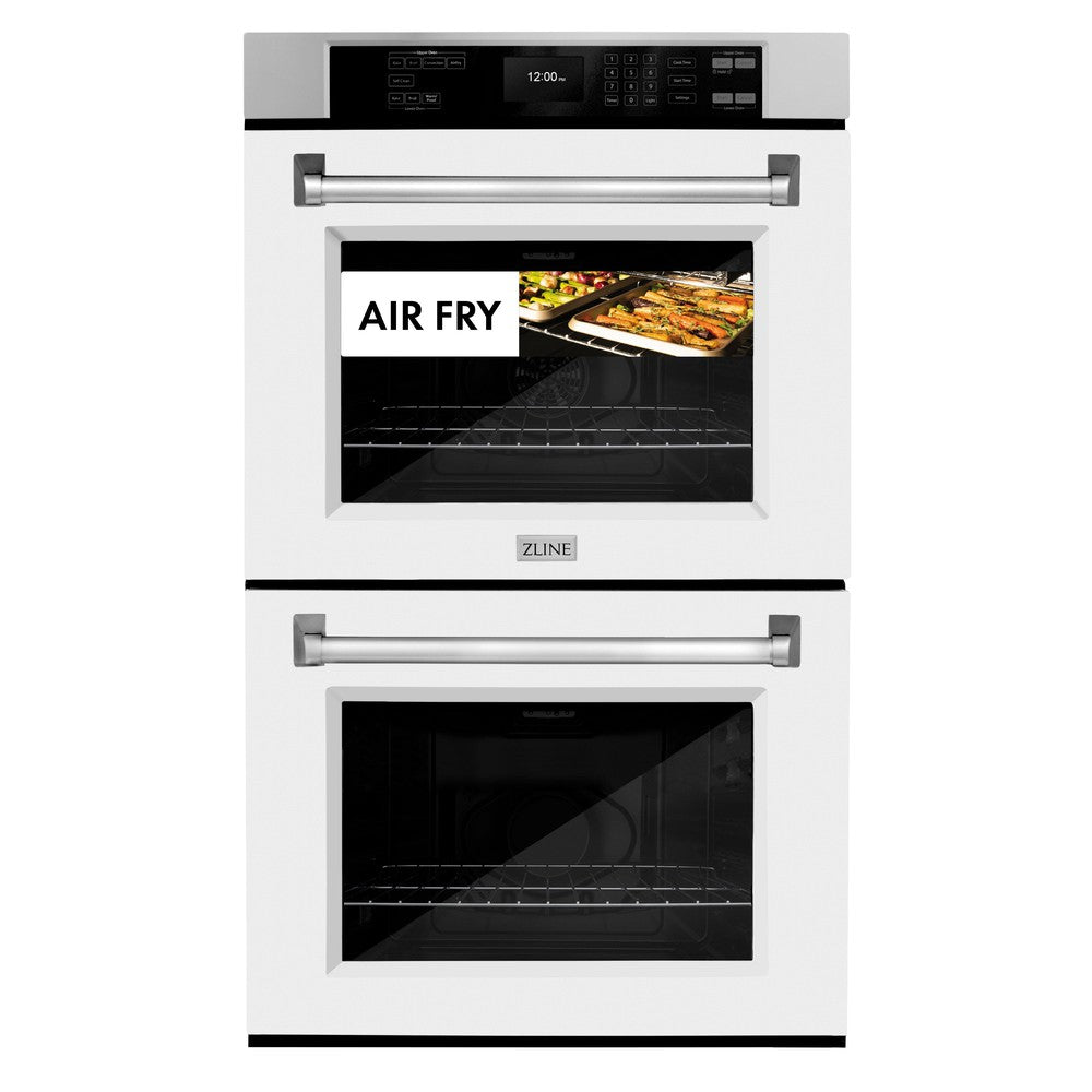 ZLINE 30 in. Professional True Convection Double Wall Oven with Air Fry and Self Clean in Stainless Steel with White Matte Doors (WAD-WM-30) front, closed, with food cooking by air fry.