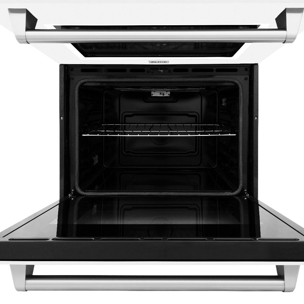 ZLINE 30 in. Professional True Convection Double Wall Oven with Air Fry and Self Clean in Stainless Steel with White Matte Doors (WAD-WM-30) front, close-up bottom oven open.