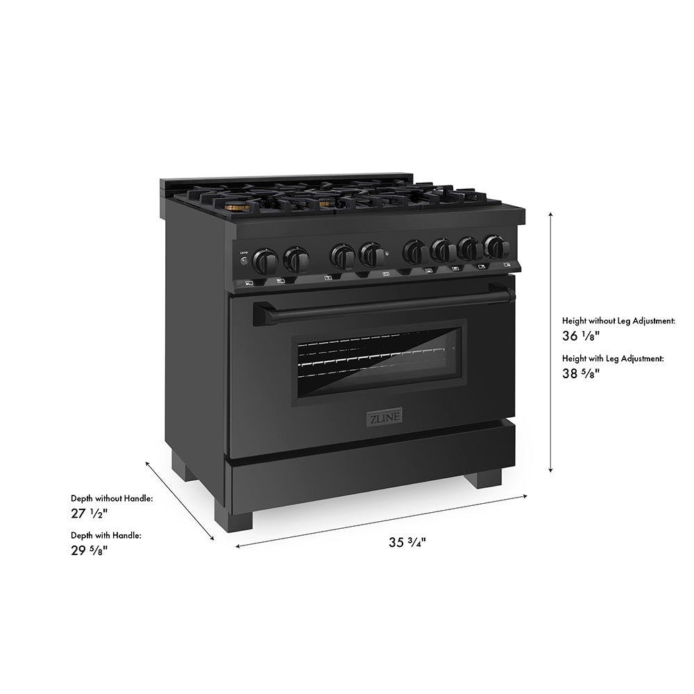 ZLINE 36 in. 4.6 cu. ft. Legacy Dual Fuel Range with Gas Cooktop and Electric Convection Oven in Black Stainless Steel with 6 Brass Burners (RAB-BR-36) dimensional diagram.