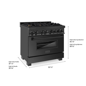 ZLINE 36 in. 4.6 cu. ft. Legacy Dual Fuel Range with Gas Cooktop and Electric Convection Oven in Black Stainless Steel with 6 Brass Burners (RAB-BR-36) dimensional diagram.