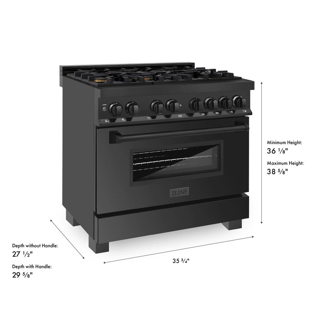 ZLINE 36 in. 4.6 cu. ft. Legacy Dual Fuel Range with Gas Cooktop and Electric Convection Oven in Black Stainless Steel with 6 Brass Burners (RAB-BR-36) dimensional diagram.