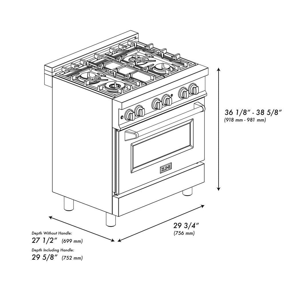 ZLINE 24 in. 2.8 cu. ft. Legacy Dual Fuel Range with Gas Cooktop and Electric Convection Oven in Stainless Steel with 4 Brass Burners (RA-BR-24) dimensional diagram.