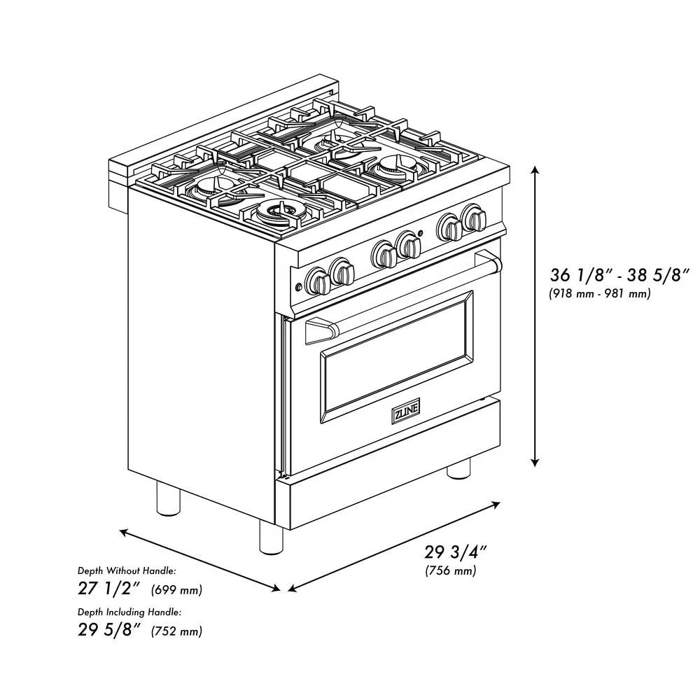 ZLINE 24 in. 2.8 cu. ft. Legacy Dual Fuel Range with Gas Cooktop and Electric Convection Oven in Stainless Steel with 4 Brass Burners (RA-BR-24) dimensional diagram.