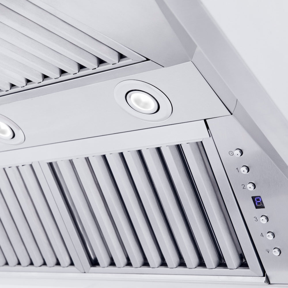 ZLINE 48 in. Professional Convertible Vent Wall Mount Range Hood in Stainless Steel with Crown Molding (587CRN-48) built-in lighting.