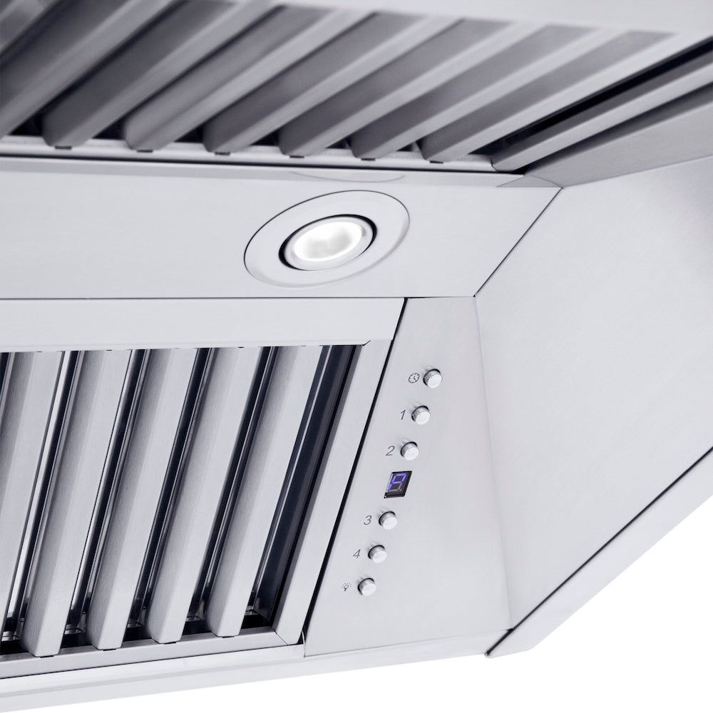 ZLINE 48 in. Professional Convertible Vent Wall Mount Range Hood in Stainless Steel with Crown Molding (587CRN-48) built-in lighting.