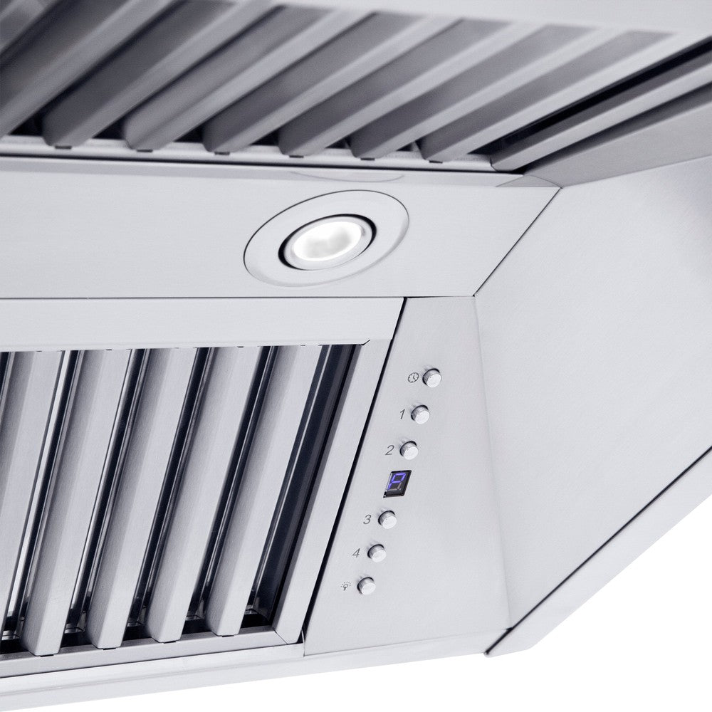ZLINE 30 in. Professional Convertible Vent Wall Mount Range Hood in Stainless Steel with Crown Molding (587CRN-30) built-in lighting.