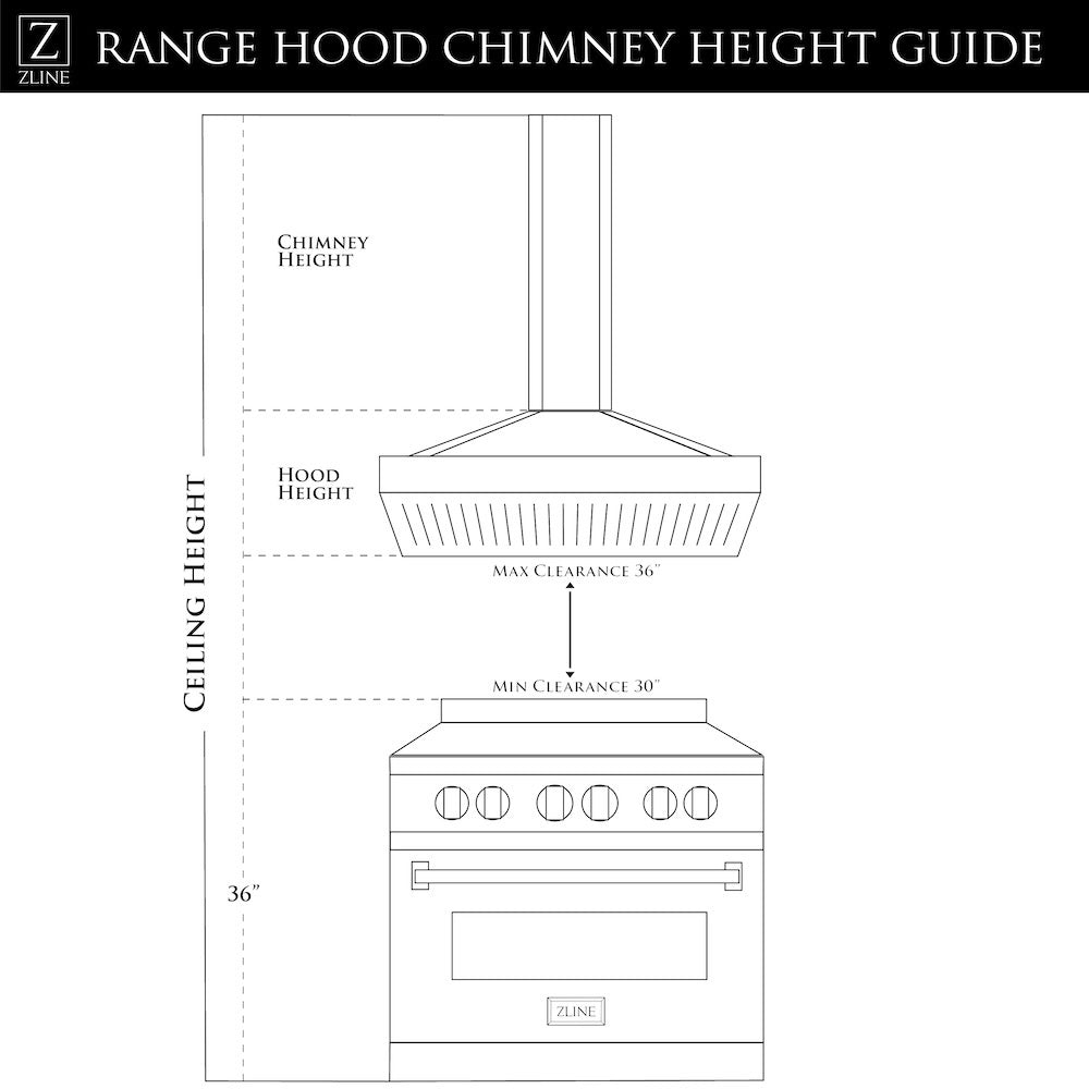 ZLINE 36 in. Convertible Vent Island Mount Range Hood in Stainless Steel and Glass (GL9i-36) chimney height guide.
