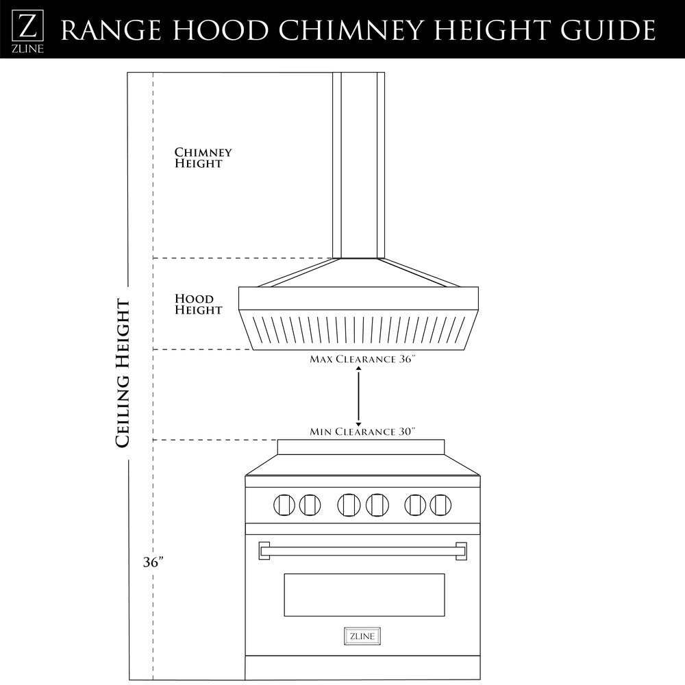 ZLINE 30 in. Convertible Vent Island Mount Range Hood in Stainless Steel and Glass (GL14i-30) chimney height guide.