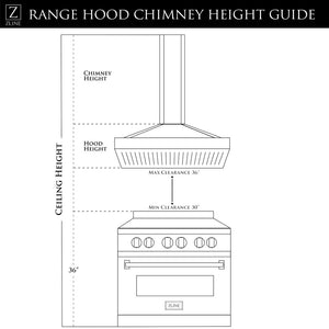 ZLINE 30 in. Convertible Vent Island Mount Range Hood in Stainless Steel and Glass (GL14i-30) chimney height guide.