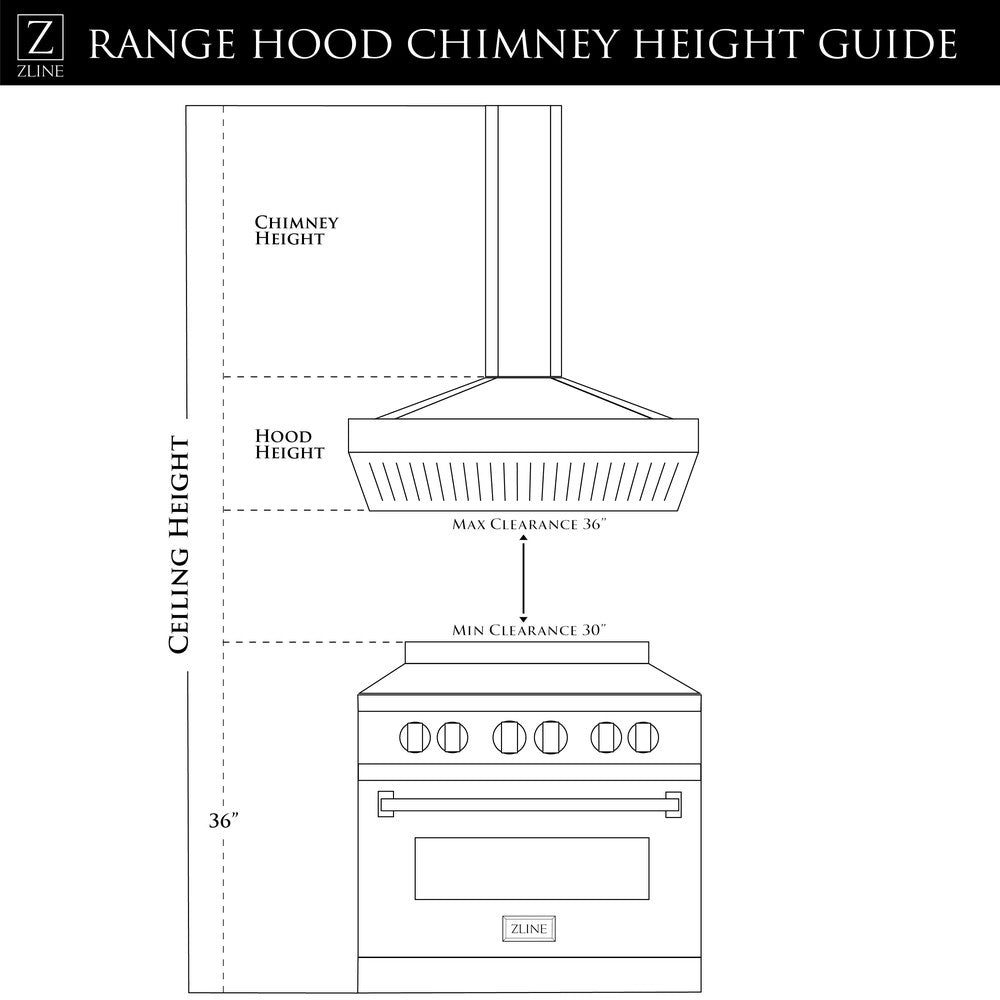 ZLINE 30 in. Designer Series Wall Mount Range Hood in Satin Stainless Steel with Mirror Accents (655MR-30) chimney height guide.
