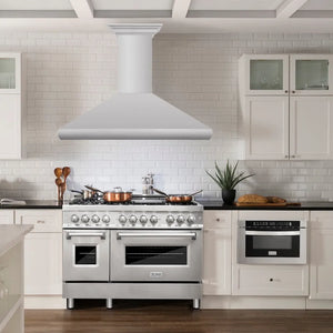ZLINE 48 in. Professional Convertible Vent Wall Mount Range Hood in Stainless Steel with Crown Molding (587CRN-48) in a luxury kitchen.