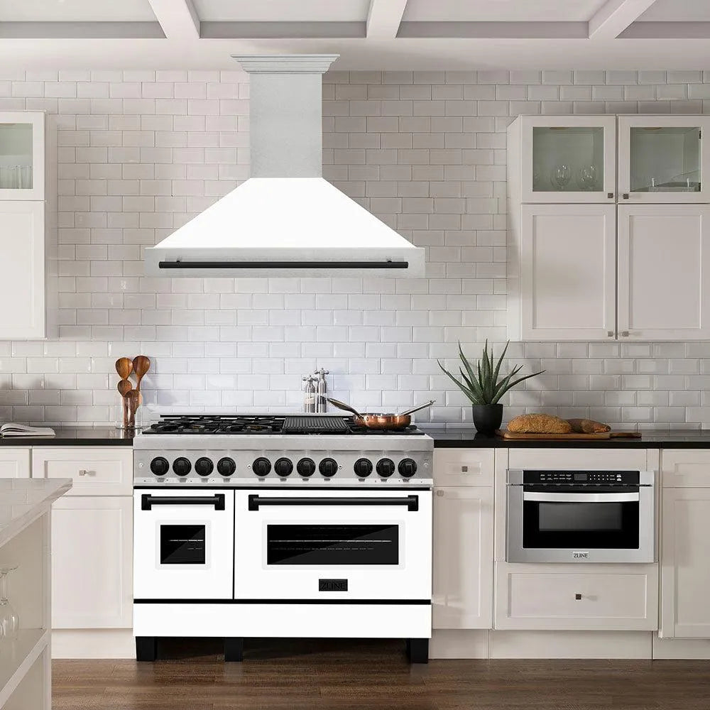 ZLINE Autograph Edition 48 in. Satin Stainless Steel Wall Mount Range Hood with White Matte Shell and Matte Black Handle (8654SNZ-WM48-MB) in a luxury kitchen.