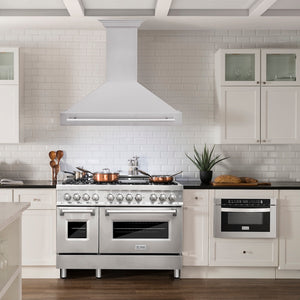 ZLINE 48 in. Stainless Steel Range Hood with Stainless Steel Handle (8654STX-48) in a luxury kitchen.