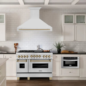 ZLINE Autograph Edition 48 in. Stainless Steel Range Hood with Stainless Steel Shell and Champagne Bronze Handle (8654STZ-48-CB) in a kitchen with matching range and cabinets