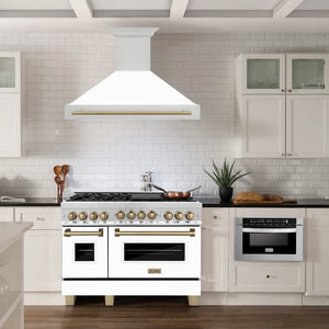 ZLINE Autograph Edition 48 in. Stainless Steel Range Hood with White Matte Shell and Champagne Bronze Handle (8654STZ-WM48-CB) in a luxury kitchen.