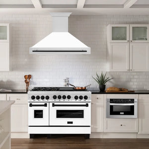 ZLINE Autograph Edition 48 in. Stainless Steel Range Hood with White Matte Shell and Matte Black Handle (8654STZ-WM48-MB) in a luxury kitchen.