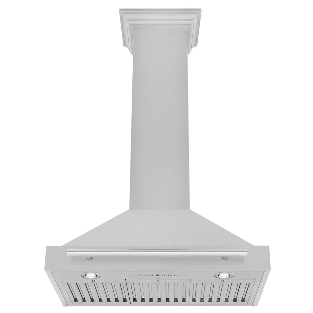 ZLINE Convertible Fingerprint Resistant DuraSnow® Stainless Steel Range Hood with Stainless Steel Handle (KB4SNX) front, under.