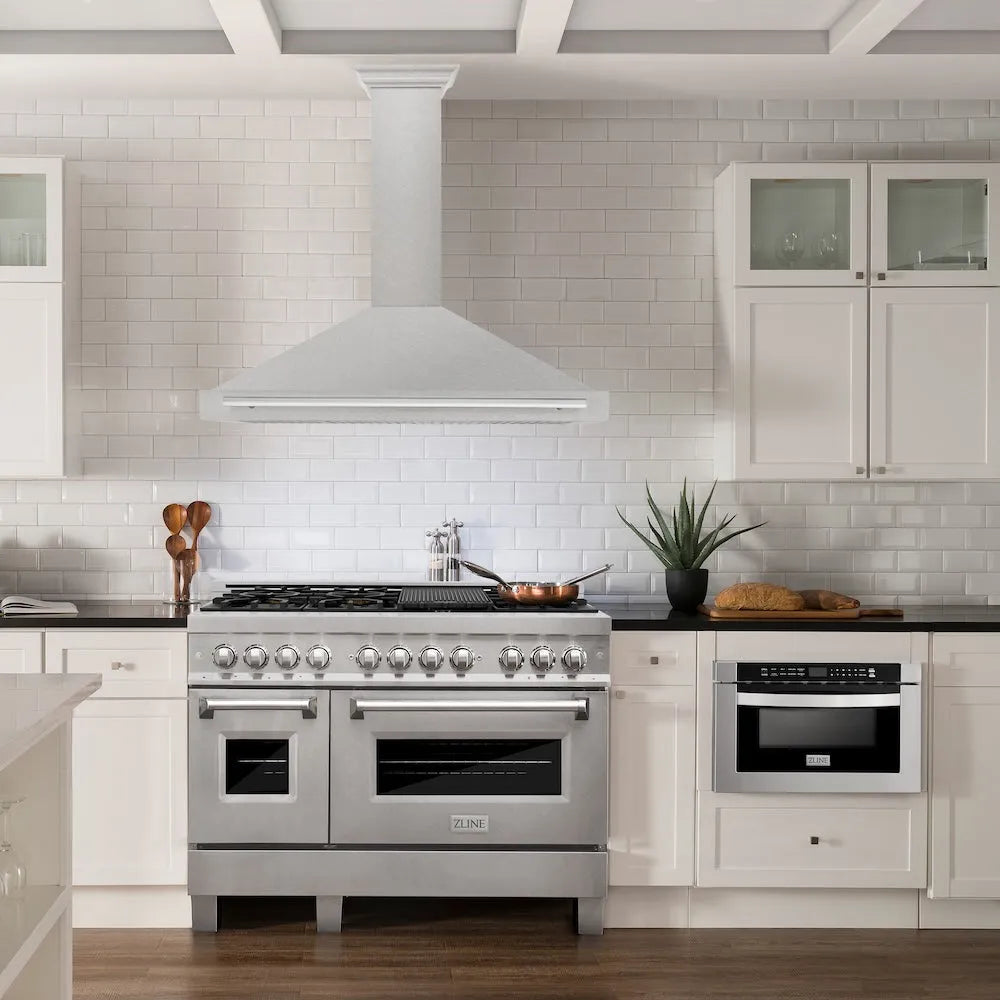ZLINE 48 in. Convertible Satin Stainless Steel Wall Mount Range Hood with Stainless Steel Handle (KB4SNX-48) in a luxury kitchen.