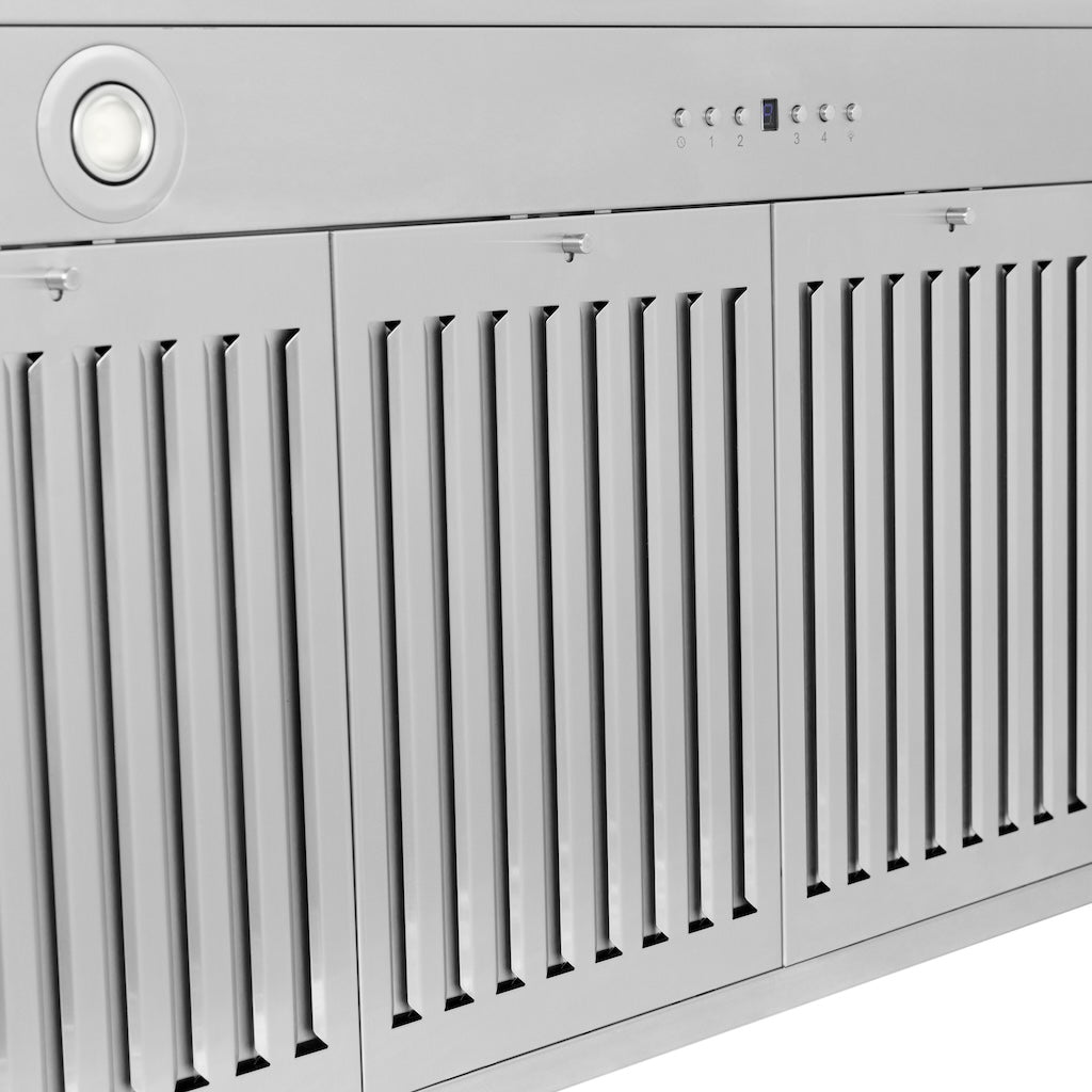 ZLINE Convertible Fingerprint Resistant DuraSnow® Stainless Steel Range Hood with Stainless Steel Handle (KB4SNX) baffle filters, LED lighting, and control panel.