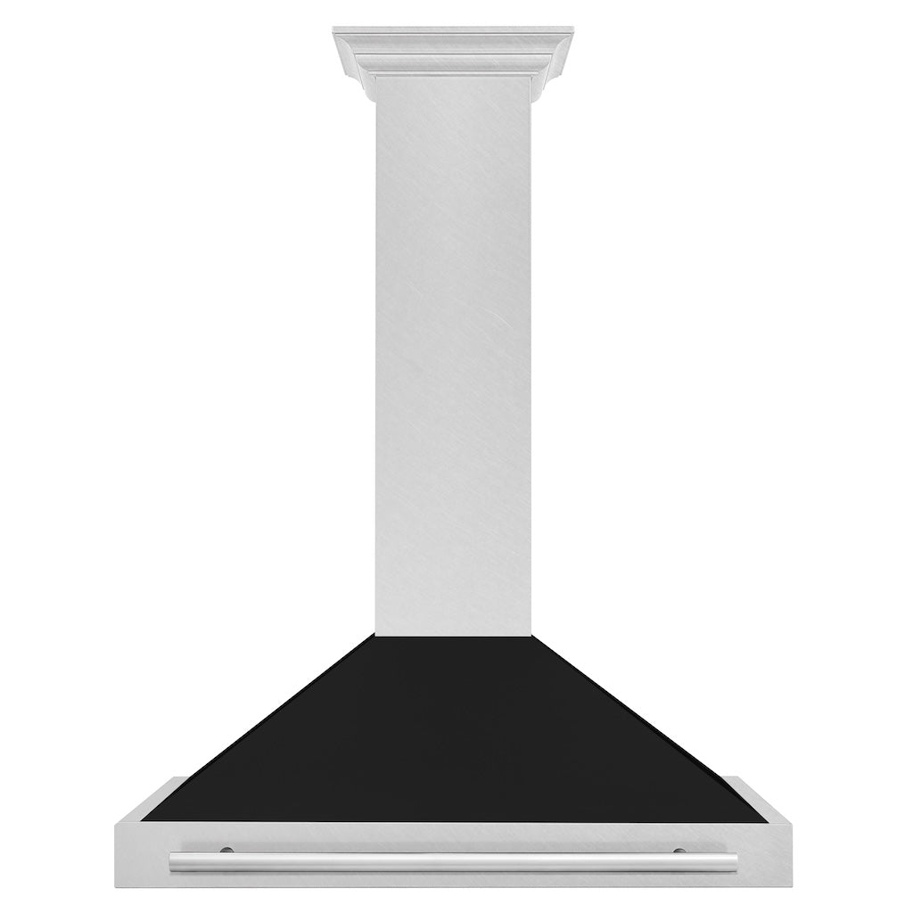 ZLINE Convertible Fingerprint Resistant DuraSnow® Stainless Steel Range Hood with Black Matte Shell and Stainless Steel Handle (KB4SNX-BLM) front.