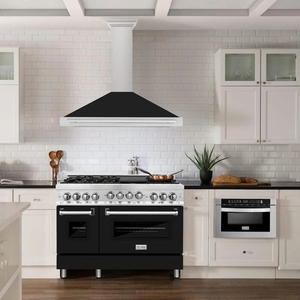 ZLINE 48 in. Convertible Satin Stainless Steel Wall Mount Range Hood with Black Matte Shell and Stainless Steel Handle (KB4SNX-BLM-48) in a luxury kitchen.