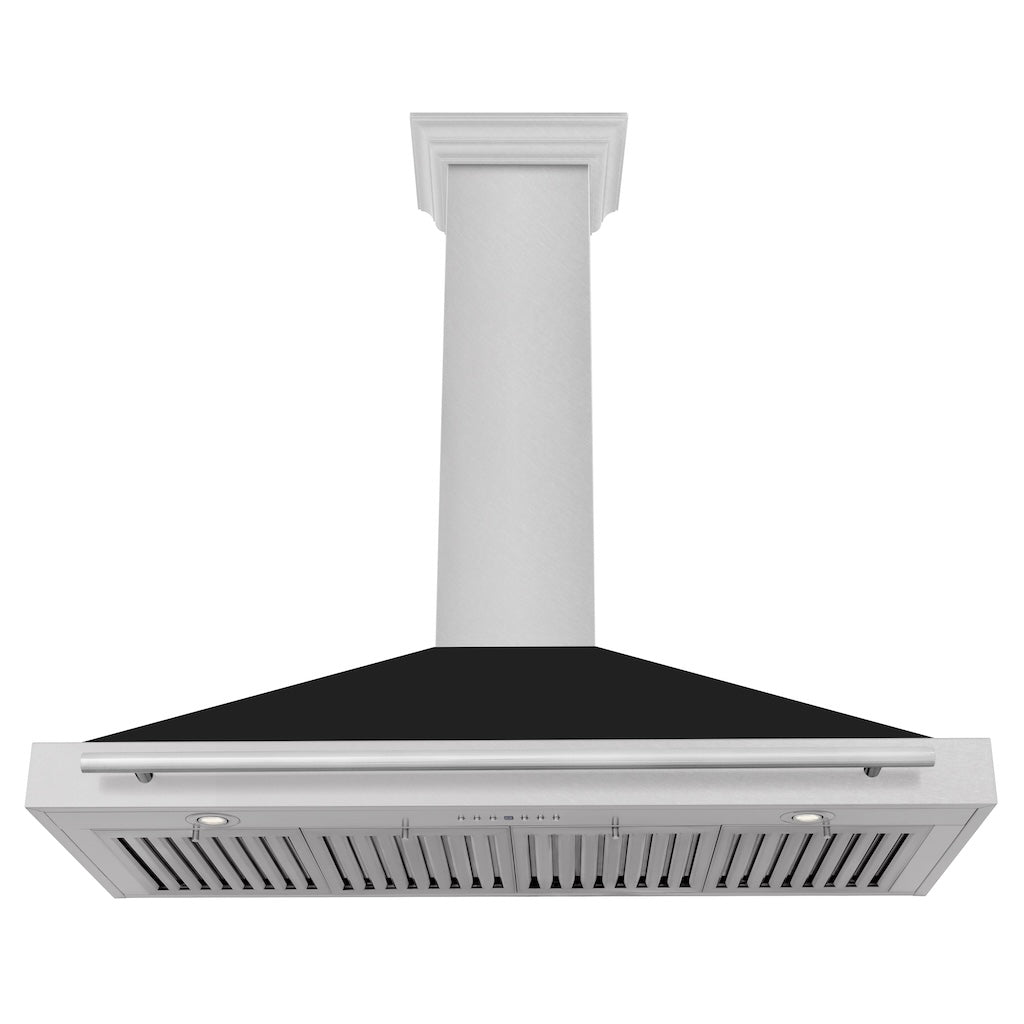 ZLINE Convertible Fingerprint Resistant DuraSnow® Stainless Steel Range Hood with Black Matte Shell and Stainless Steel Handle (KB4SNX-BLM) front, under.