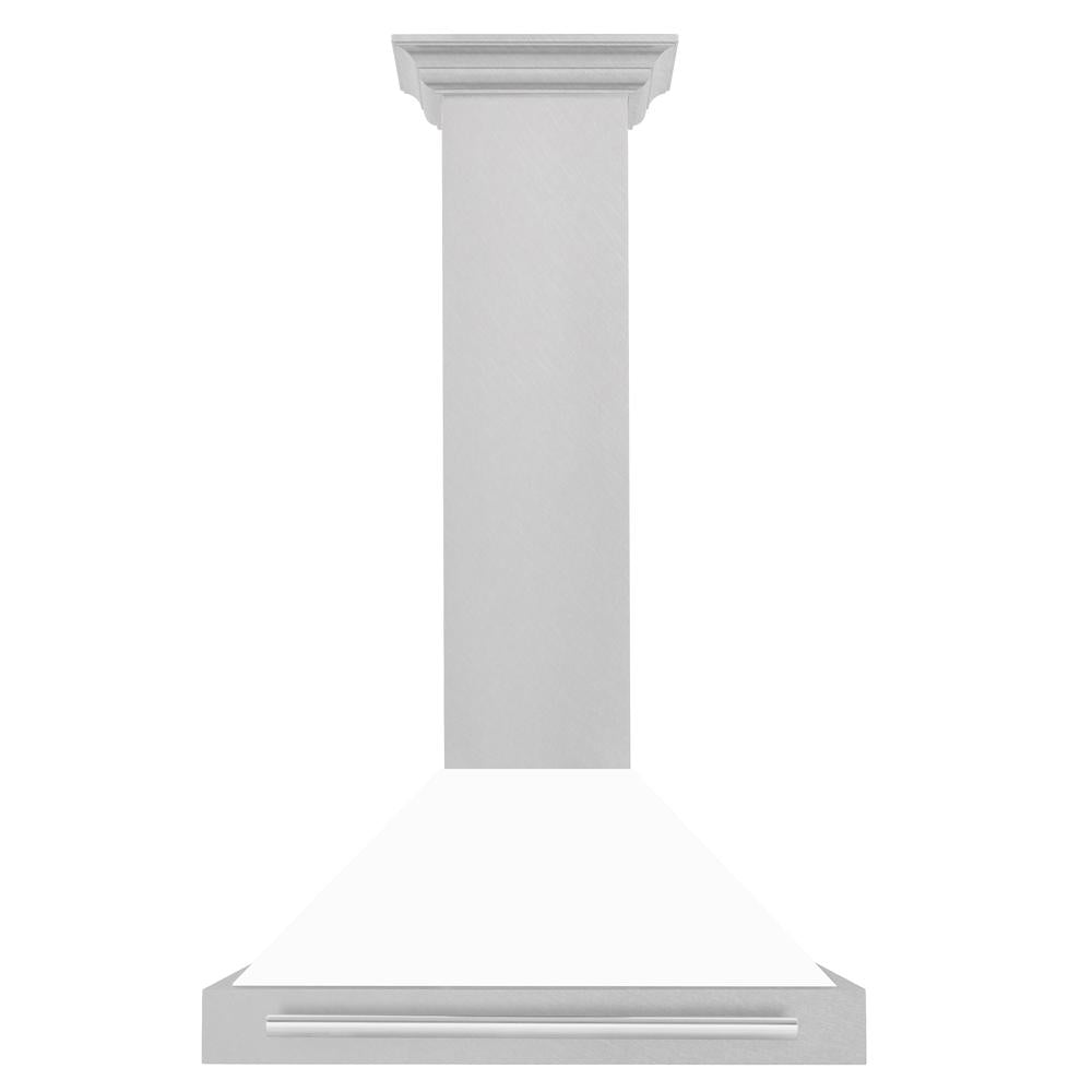 ZLINE 30 in. Convertible Satin Stainless Steel Wall Mount Range Hood with White Matte Shell and Stainless Steel Handle (KB4SNX-WM-30) front.