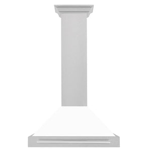 ZLINE 30 in. Convertible Satin Stainless Steel Wall Mount Range Hood with White Matte Shell and Stainless Steel Handle (KB4SNX-WM-30) front.