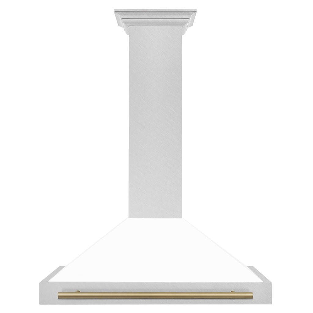 ZLINE Autograph Edition Convertible Fingerprint Resistant DuraSnow® Stainless Steel Range Hood with White Matte Shell and Champagne Bronze Handle (KB4SNZ-WM-CB) front.