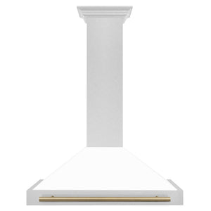 ZLINE Autograph Edition Convertible Fingerprint Resistant DuraSnow® Stainless Steel Range Hood with White Matte Shell and Champagne Bronze Handle (KB4SNZ-WM-CB) front.