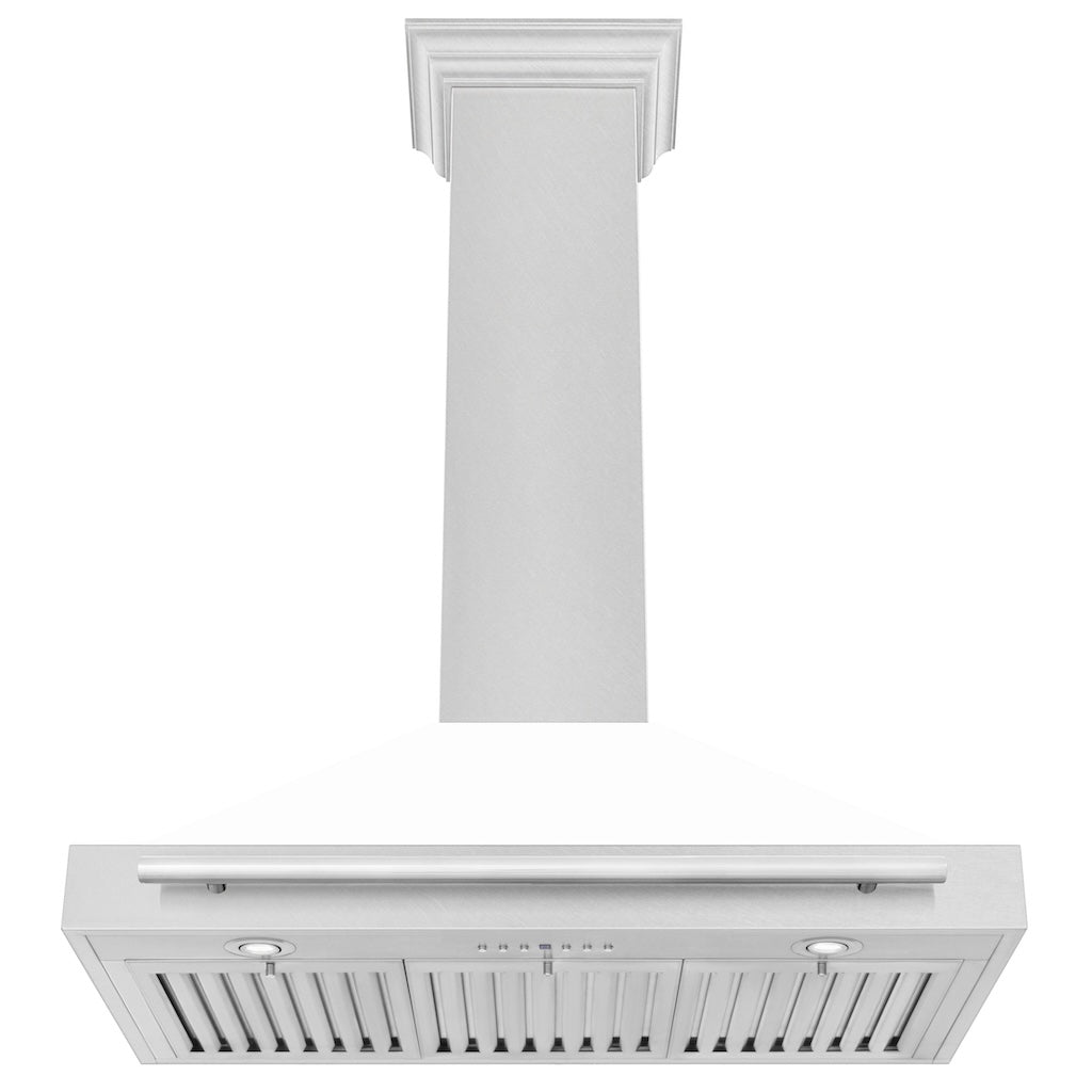 ZLINE Convertible Fingerprint Resistant DuraSnow® Stainless Steel Range Hood with White Matte Shell and Stainless Steel Handle (KB4SNX-WM) front, under.