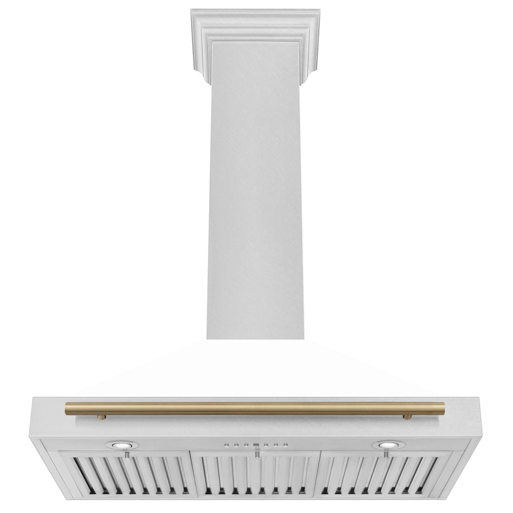 ZLINE Autograph Edition Convertible Fingerprint Resistant DuraSnow® Stainless Steel Range Hood with White Matte Shell and Champagne Bronze Handle (KB4SNZ-WM-CB) front, under.