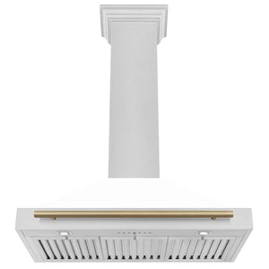 ZLINE Autograph Edition Convertible Fingerprint Resistant DuraSnow® Stainless Steel Range Hood with White Matte Shell and Champagne Bronze Handle (KB4SNZ-WM-CB) front, under.