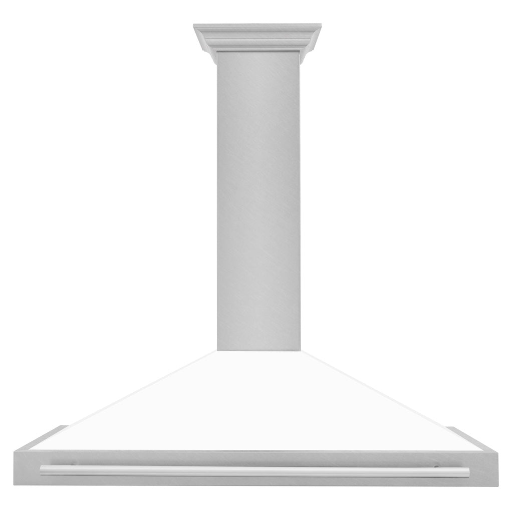 ZLINE Convertible Fingerprint Resistant DuraSnow® Stainless Steel Range Hood with White Matte Shell and Stainless Steel Handle (KB4SNX-WM) front.