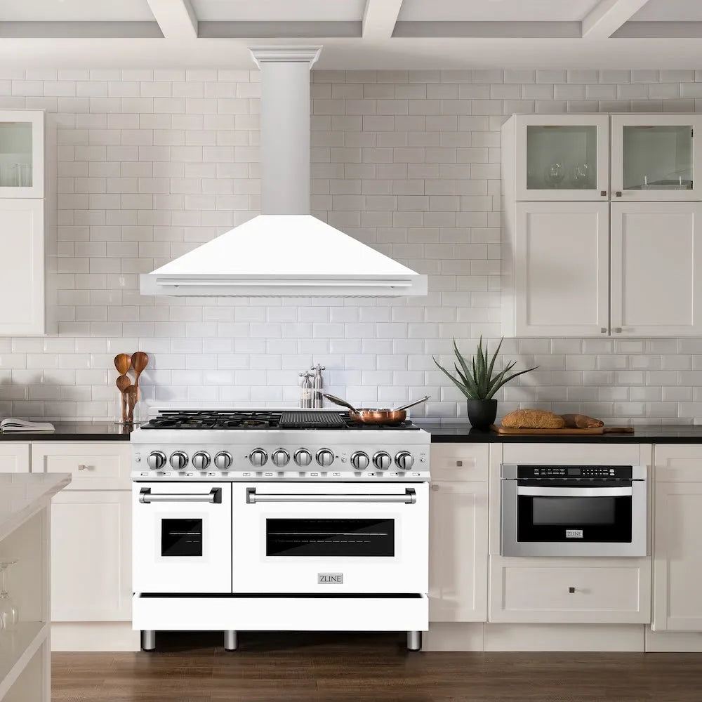ZLINE 48 in. Convertible Satin Stainless Steel Wall Mount Range Hood with White Matte Shell and Stainless Steel Handle (KB4SNX-WM-48) in a luxury kitchen.