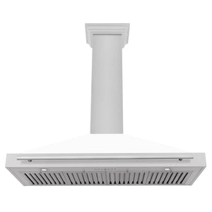 ZLINE Convertible Fingerprint Resistant DuraSnow® Stainless Steel Range Hood with White Matte Shell and Stainless Steel Handle (KB4SNX-WM) front, under.