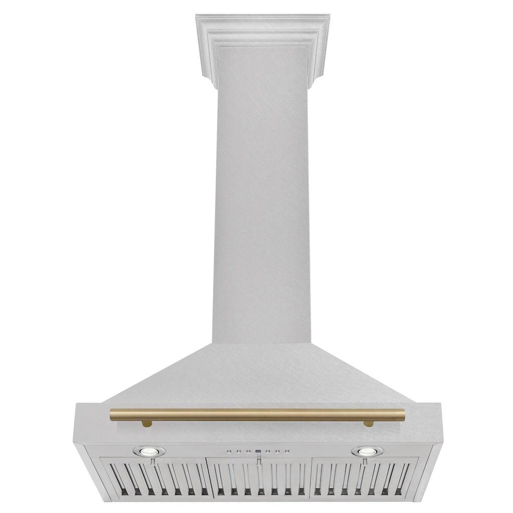 ZLINE Autograph Edition Convertible Fingerprint Resistant DuraSnow® Stainless Steel Range Hood with Champagne Bronze Handle (KB4SNZ-CB) front, under.