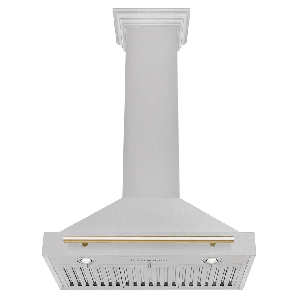 ZLINE Autograph Edition Convertible Fingerprint Resistant DuraSnow® Stainless Steel Range Hood with Polished Polished Gold Handle (KB4SNZ-G) front, under.