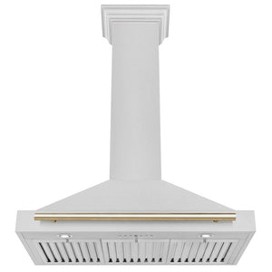 ZLINE Autograph Edition Convertible Fingerprint Resistant DuraSnow® Stainless Steel Range Hood with Polished Polished Gold Handle (KB4SNZ-G) front, under.