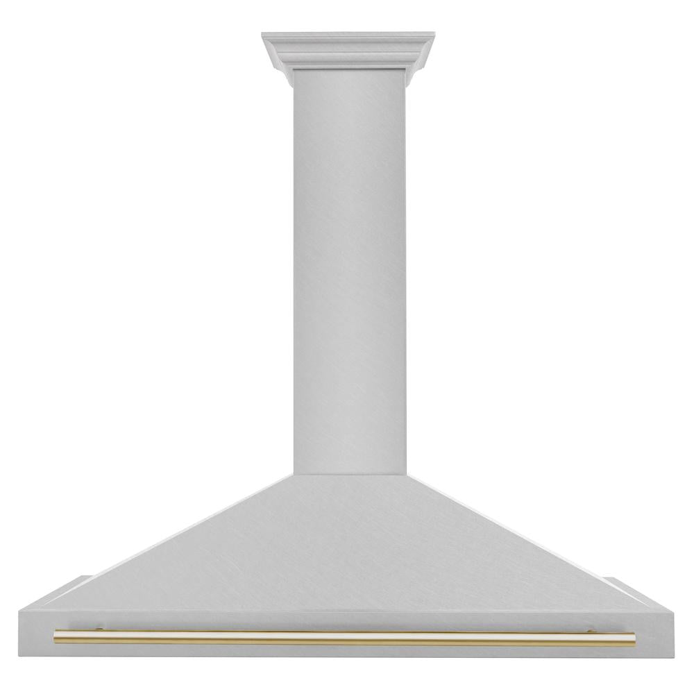 ZLINE Autograph Edition 48 in. Convertible Satin Stainless Steel Wall Mount Range Hood with Polished Gold Handle (KB4SNZ-48-G) front.