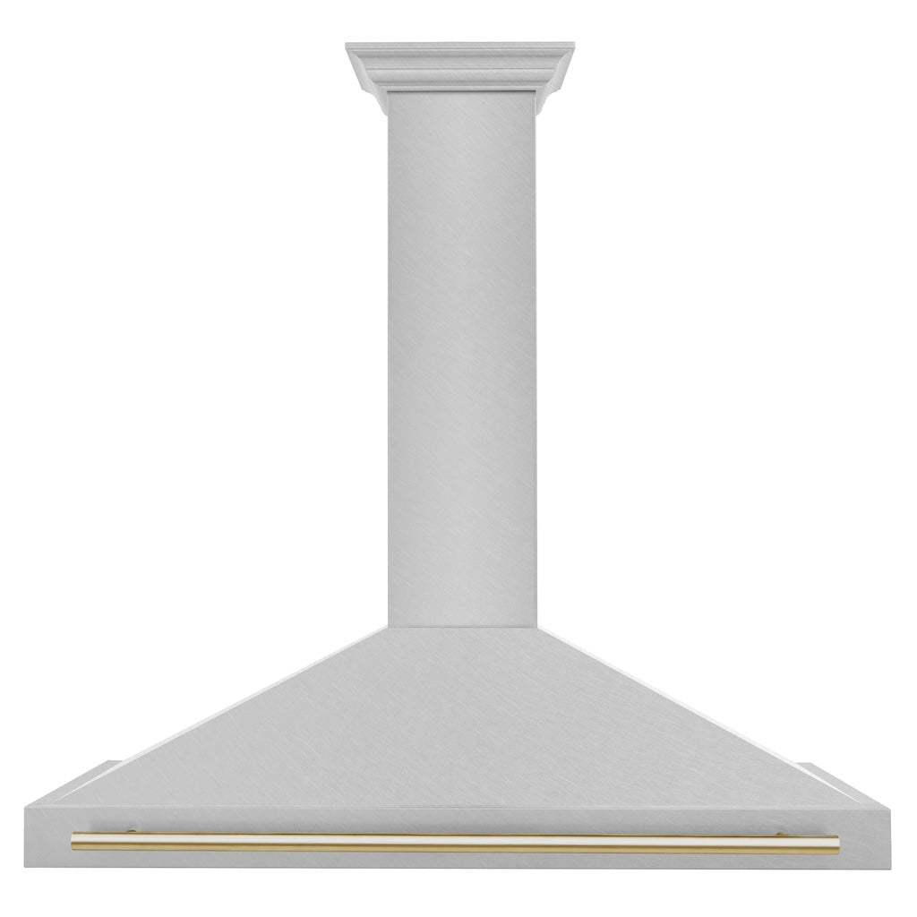 ZLINE Autograph Edition Convertible Fingerprint Resistant DuraSnow® Stainless Steel Range Hood with Polished Gold Handle (KB4SNZ-G) Polished Gold, front.