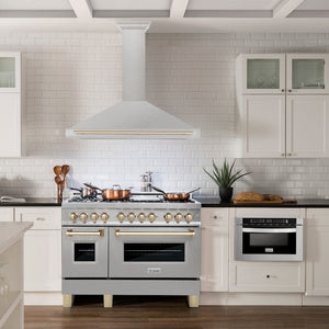 ZLINE Autograph Edition 48 in. Convertible Satin Stainless Steel Wall Mount Range Hood with Polished Gold Handle (KB4SNZ-48-G) in a luxury kitchen.