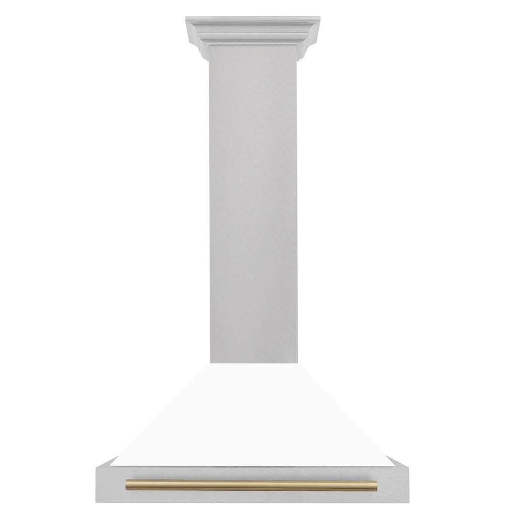 ZLINE Autograph Edition Convertible Fingerprint Resistant DuraSnow® Stainless Steel Range Hood with White Matte Shell and Champagne Bronze Handle (KB4SNZ-WM-CB) Champagne Bronze, front.